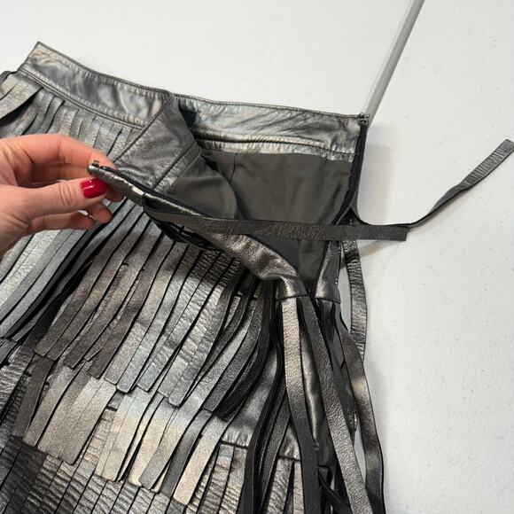 AllSaints Aisha Leather Fringe metallic mini Skirt Size 4 - Picture 4 of 9